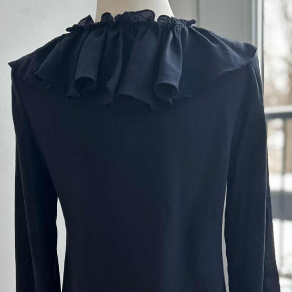 NWT Shan Ink-Blue Silk Semi-Sheer Ruffle-Blouse w/ Cascading Front & Tie – US 6 - Picture 8 of 14